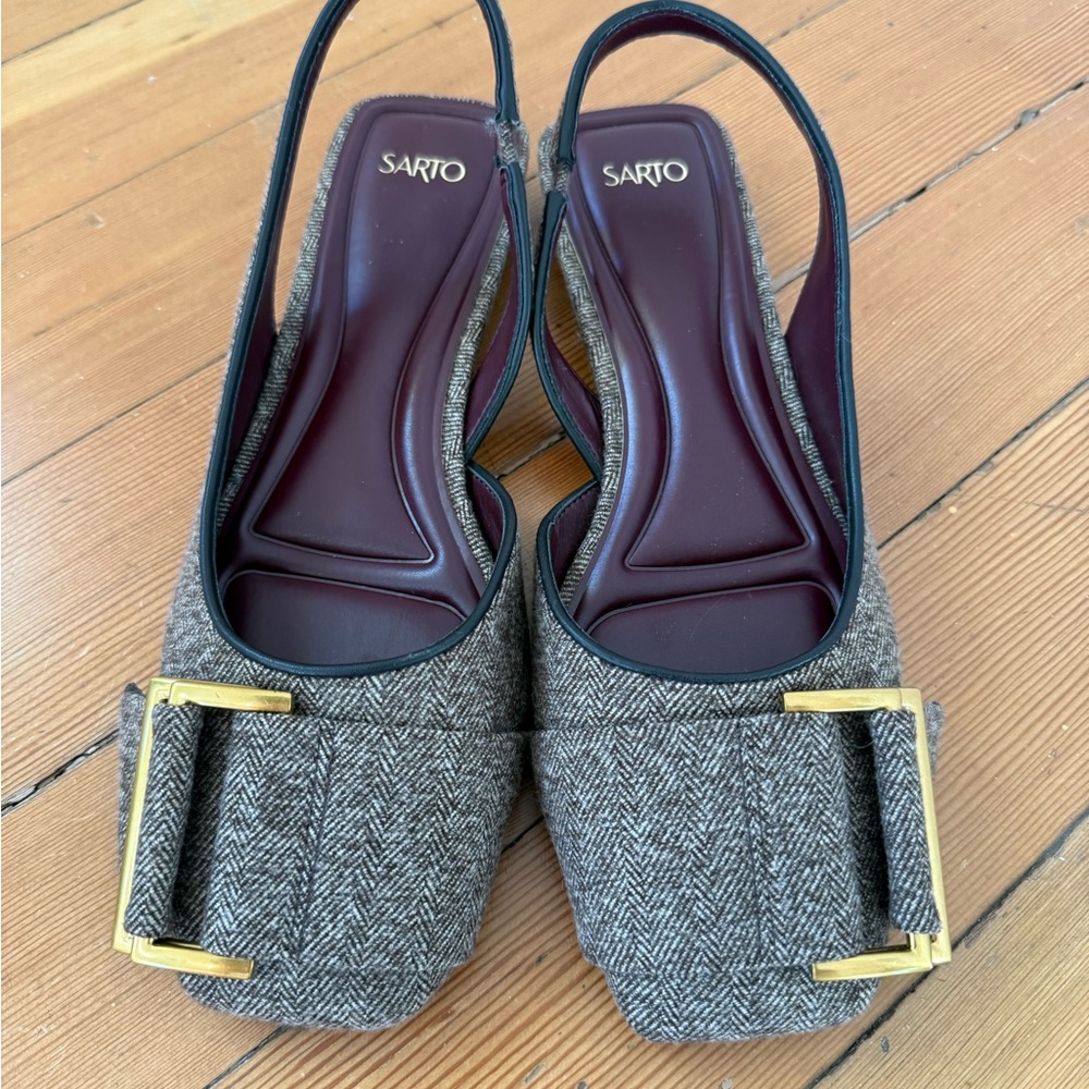 Franco Sarto Tracy Slingback in Brown Tweed Fabric Faux Leather Square Toe Gold
